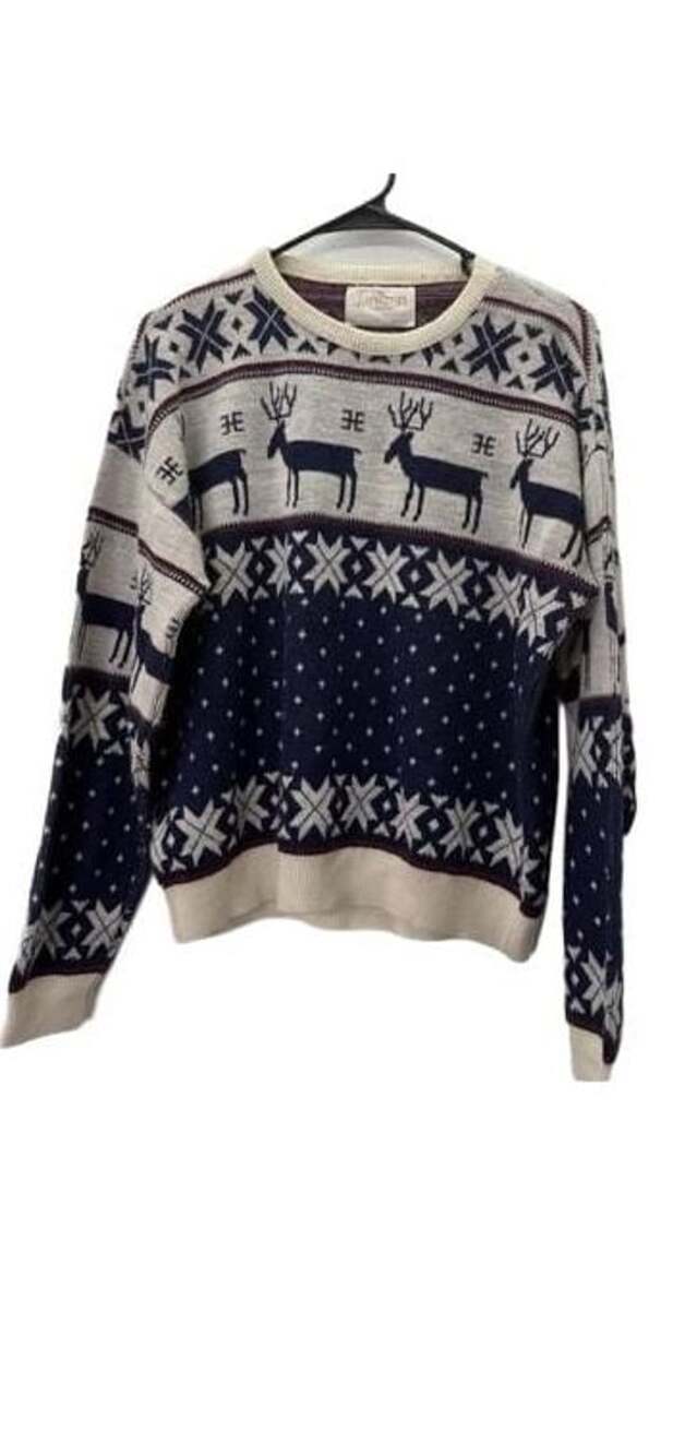 Jantzen Vintage Reindeer Fair Isle Christmas Sweater Navy White Men's Medium